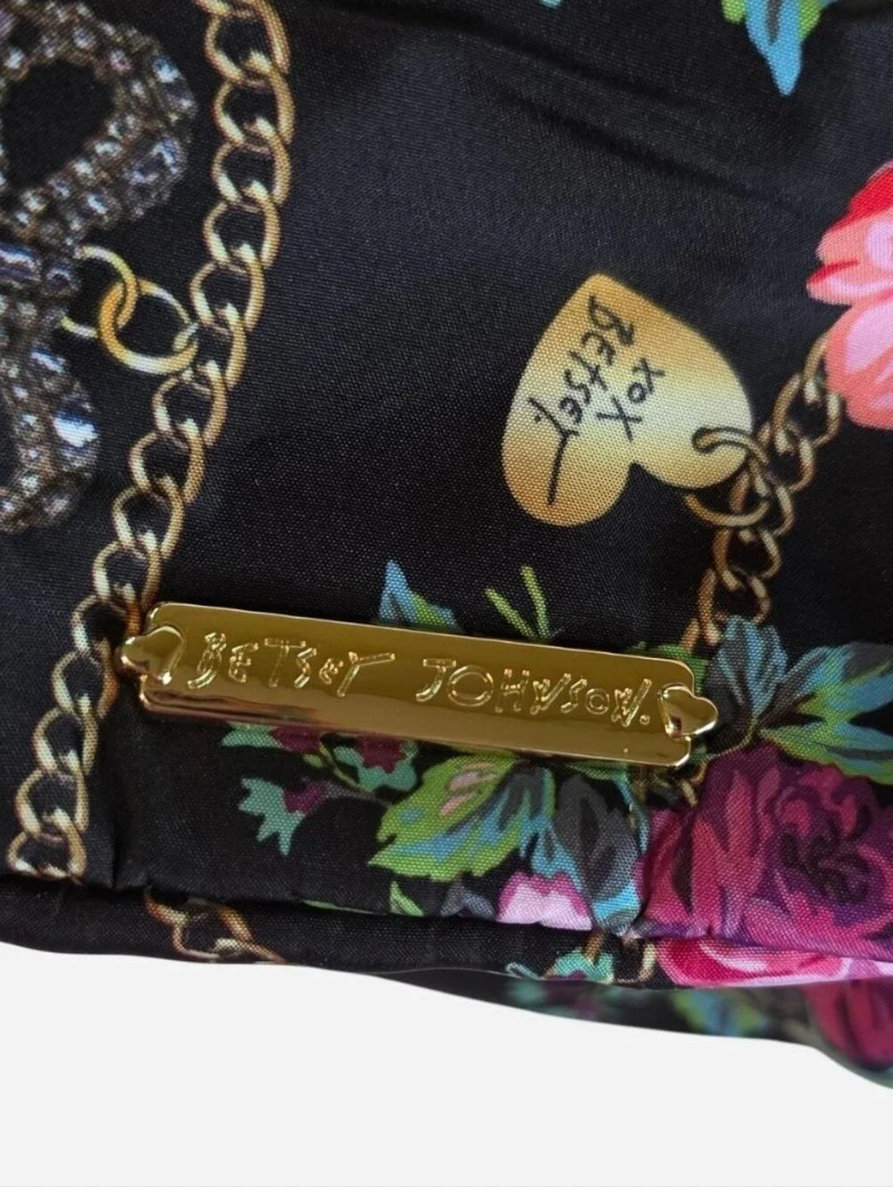 Vintage Betsey Johnson Ruffle Cosmetic Bag Roses, Floral, Chains Bows